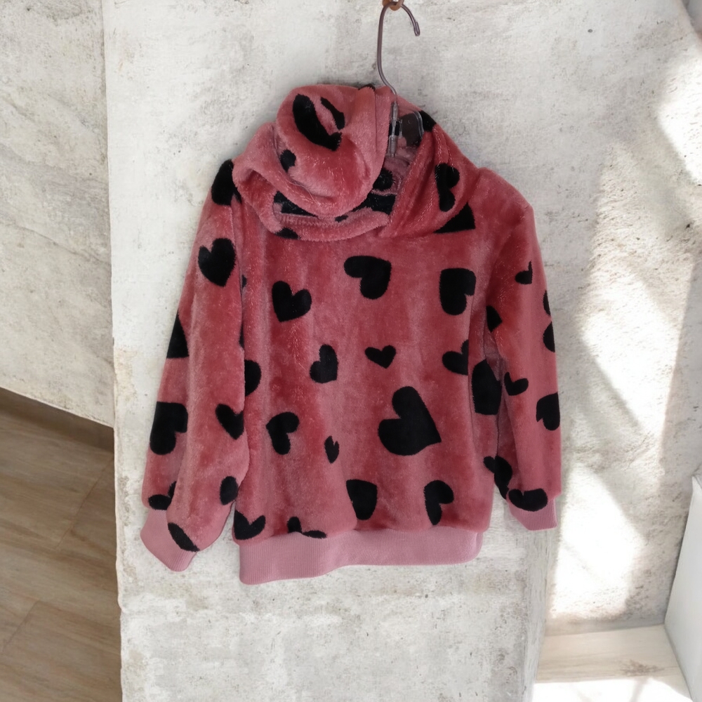 M4) Girls Pink Fleece Hoodie Black Heart Print Size 4Y